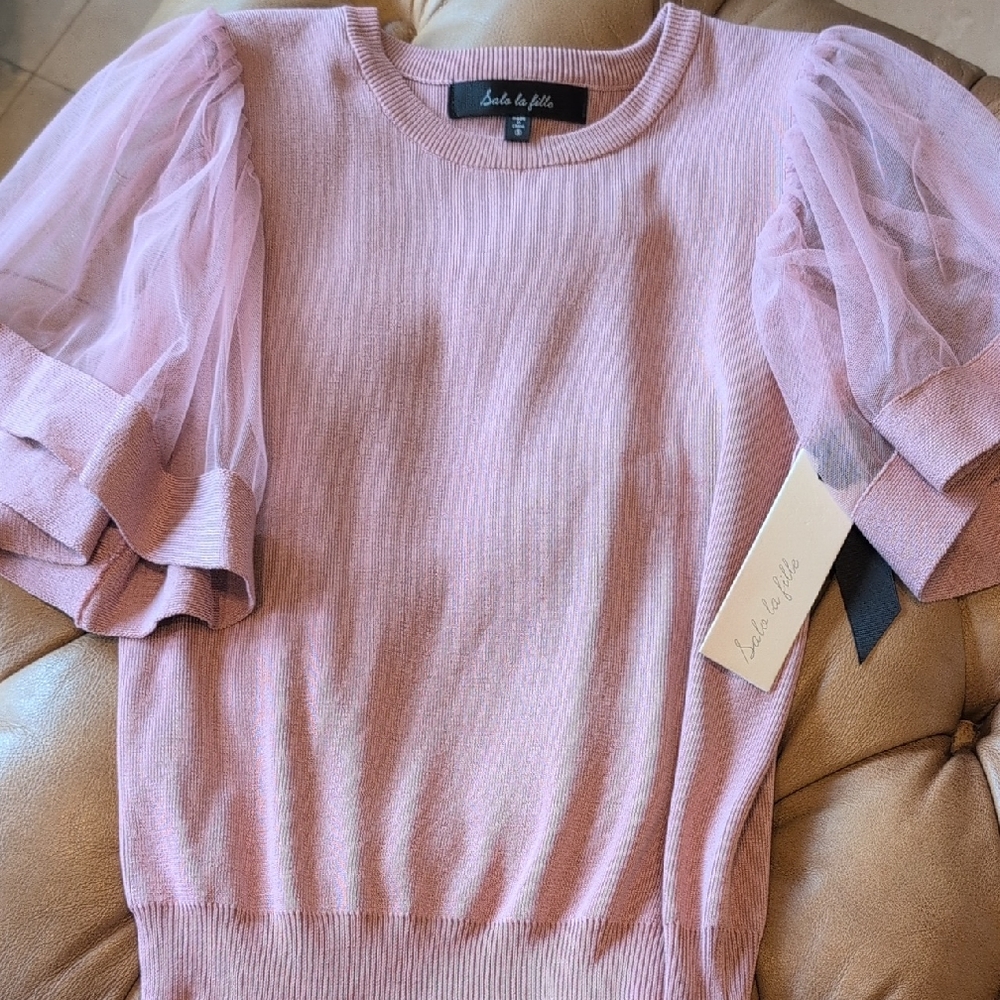 La Belle Knit Pink Puff Ruffle Tulle Sleeve Blouse